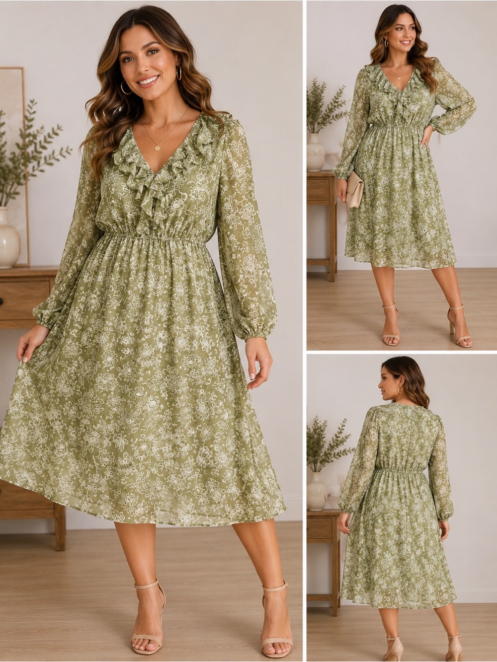 Joie Green Floral Ruffle Midi Dress Size Large Boho Cottagecore